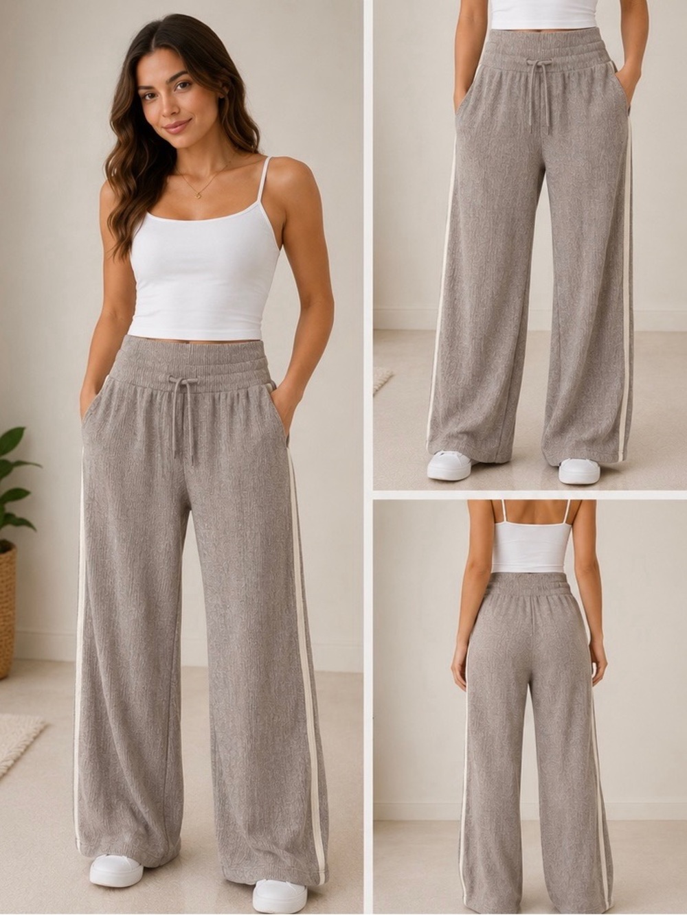 HALARA Taupe Wide-Leg Lounge Pants with White Side Stripe